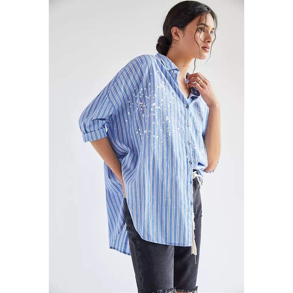 Pilcro and the Letterpress Tops - PILCRO The Bo Boyfriend Buttondown Women M L Blue Striped Paint Splatter Shirt